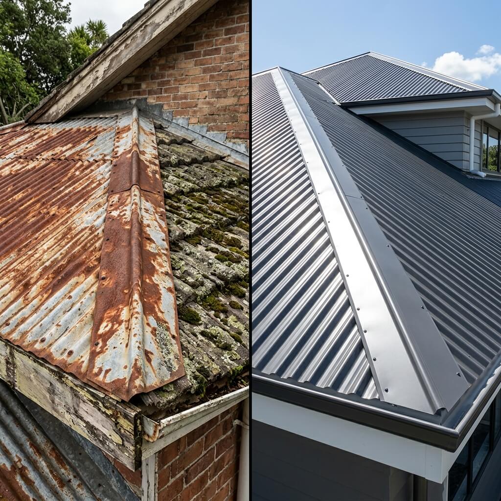Rusty deteriorated roof structure showing failure signs