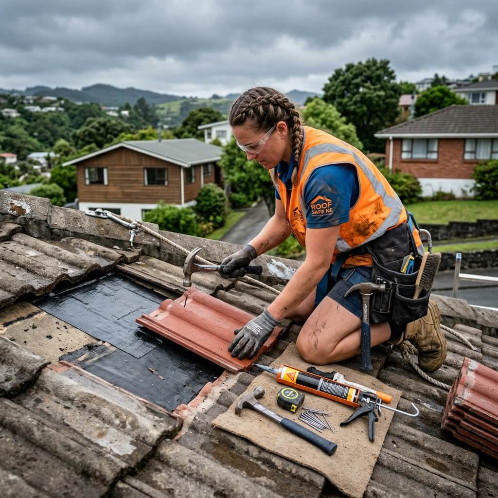 Roofer conducting diagnostic repair on residential flashing